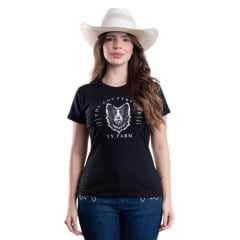 Camiseta Feminina Texas Farm Baby Look Manga Curta Preto Estampada Cabeça De Cachorro Ref:CF358