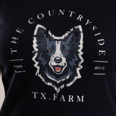 Camiseta Feminina Texas Farm Baby Look Manga Curta Preto Estampada Cabeça De Cachorro Ref:CF358