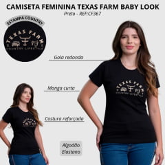 Camiseta Feminina Texas Farm Baby Look Manga Curta Preto Estampa Creme REF:CF367