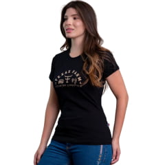 Camiseta Feminina Texas Farm Baby Look Manga Curta Preto Estampa Creme REF:CF367