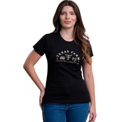 Camiseta Feminina Texas Farm Baby Look Manga Curta Preto Estampa Creme REF:CF367