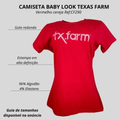 Camiseta Feminina Texas Farm Baby Look Manga Curta Vermelho Cereja Estampado Logo Ref: CF290