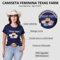 Camiseta Feminina Texas Farm Baby Look Post Manga Curta Azul Marinho Estampada Ref:CF376