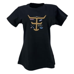 Camiseta Feminina Texas Farm Baby Look Preta Manga Curta Com Logo E Flechas Ref: CF282