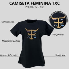 Camiseta Feminina Texas Farm Baby Look Preta Manga Curta Com Logo E Flechas Ref: CF282