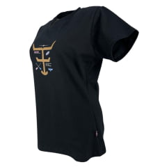 Camiseta Feminina Texas Farm Baby Look Preta Manga Curta Com Logo E Flechas Ref: CF282