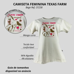 Camiseta Feminina Texas Farm Babylook Bege Manga Curta Com estampa Cavalo E Corações Ref:CF238