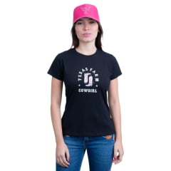 Camiseta Feminina Texas Farm Babylook Preta Manga Curta Com Estampa Em Rosa Ref:CF305