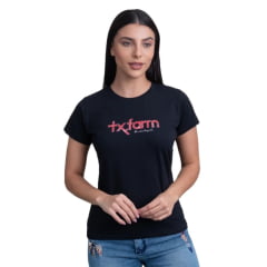 Camiseta Feminina Texas Farm Babylook Preta Manga Curta Com Logo Em Vermelho REF: CF292