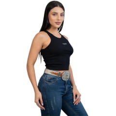 Camiseta Feminina Texas Farm Canelada Western Show Preto Com Logo Branco Ref:RT002