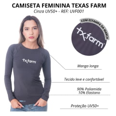 Camiseta Feminina Texas Farm Cinza Chumbo UV50+ Manga Longa C/Logo Branco REF: UVF001