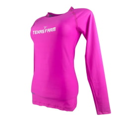 Camiseta Feminina Texas Farm Manga Longa UV50+ Rosa Tutti Frutti Com Logo Branco Ref:UVF0006