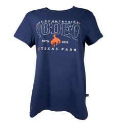 Camiseta Feminina Texas Farm Manga Curta Azul Marinho Estampada The Countryside Rodeo Em Branco/Laranja Ref:CF286