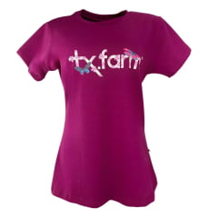 Camiseta Feminina Texas Farm Manga Curta Babylook Roxo Amora Com Logo Estampada De Flores E Borboletas REF: CF311