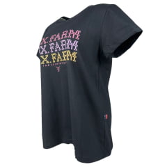 Camiseta Feminina Texas Farm Manga Curta Preta Com Logo Estampada Em Rosa/Lilás E Amarelo Ref:CF285