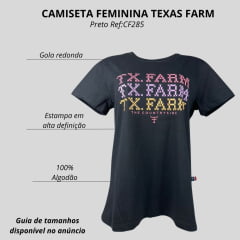 Camiseta Feminina Texas Farm Manga Curta Preta Com Logo Estampada Em Rosa/Lilás E Amarelo Ref:CF285