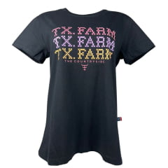 Camiseta Feminina Texas Farm Manga Curta Preta Com Logo Estampada Em Rosa/Lilás E Amarelo Ref:CF285