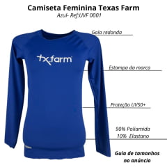 Camiseta Feminina Texas Farm Manga Longa Térmica UV50+ Azul Com Logo Branco Ref:UVF0001