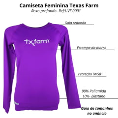 Camiseta Feminina Texas Farm Manga Longa Térmica UV50+ Roxo Profundo Com Logo Branco Ref:UVF0001