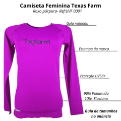 Camiseta Feminina Texas Farm Manga Longa Térmica UV50+ Roxo Púrpura Com Logo Preto Ref:UVF0001