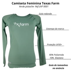 Camiseta Feminina Texas Farm Manga Longa Térmica UV50+ Verde Pistache Com Logo Branco Ref:UVF0001
