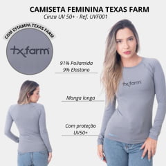 Camiseta Feminina Texas Farm Manga Longa Uv50+ Cinza Com Logo Preto Ref:UVF001