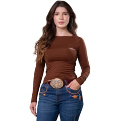 Camiseta Feminina Texas Farm Manga Longa UV50+ Marrom Chocolate Com Logo Branco Ref:UVF010