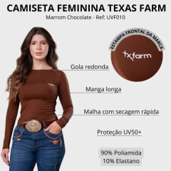 Camiseta Feminina Texas Farm Manga Longa UV50+ Marrom Chocolate Com Logo Branco Ref:UVF010