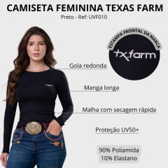 Camiseta Feminina Texas Farm Manga Longa UV50+ Preto Com Logo Branco Ref:UVF010