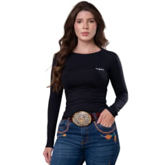 Camiseta Feminina Texas Farm Manga Longa UV50+ Preto Com Logo Branco Ref:UVF010
