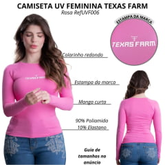 Camiseta Feminina Texas Farm Manga Longa UV50+ Rosa Algodão Doce Com Logo Branco Ref:UVF006