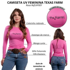 Camiseta Feminina Texas Farm Manga Longa UV50+ Rosa Algodão Doce Com Logo Preto Ref:UVF001