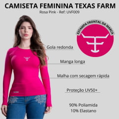 Camiseta Feminina Texas Farm Manga Longa UV50+ Rosa Pink Com Logo Branco Ref:UVF009