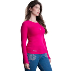 Camiseta Feminina Texas Farm Manga Longa UV50+ Rosa Pink Com Logo Branco Ref:UVF009
