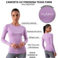 Camiseta Feminina Texas Farm Manga Longa UV50+ Roxo Orquídea Com Logo Branco Ref:UVF001