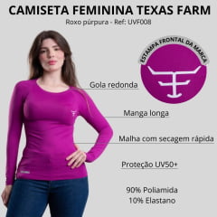 Camiseta Feminina Texas Farm Manga Longa UV50+ Roxo Púrpura Com Logo Branco Ref:UVF008