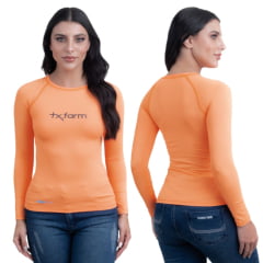 Camiseta Feminina Texas Farm Manga Longa UVF50+ Laranja Neon Com Logo Preta Ref:UVF001