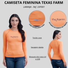 Camiseta Feminina Texas Farm Manga Longa UVF50+ Laranja Neon Com Logo Preta Ref:UVF001