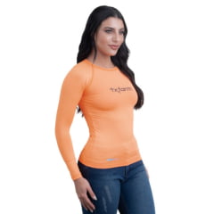 Camiseta Feminina Texas Farm Manga Longa UVF50+ Laranja Neon Com Logo Preta Ref:UVF001