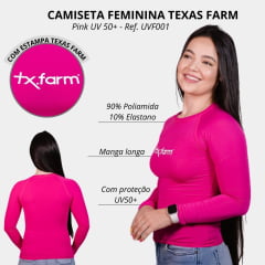 Camiseta Feminina Texas Farm Manga Longa UVF50+ Rosa Tutti Frutti Com Logo Branco Ref: UVF001