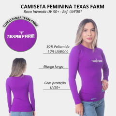 Camiseta Feminina Texas Farm Manga Longa UVF50+ Roxo Lavanda Com Logo Branco Ref:UVF0001