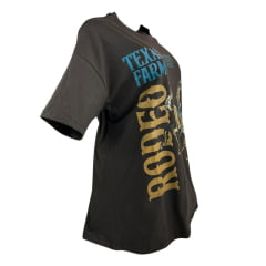 Camiseta Feminina Texas Farm Oversized Western Show Marrom Com Estampa Rodeo Em Dourado E Azul REF: CO002