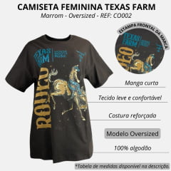 Camiseta Feminina Texas Farm Oversized Western Show Marrom Com Estampa Rodeo Em Dourado E Azul REF: CO002