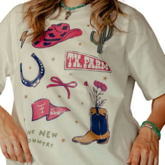 Camiseta Feminina Texas Farm Oversized Western Show Off White Com Estampa Colorida REF: CO003