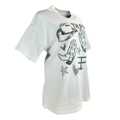 Camiseta Feminina Texas Farm Oversized Western Show Off White Com Estampa Marrom REF: CO006