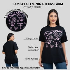 Camiseta Feminina Texas Farm Oversized Western Show Preta Com Estampa Rosa Bebê Ref:CO 0006