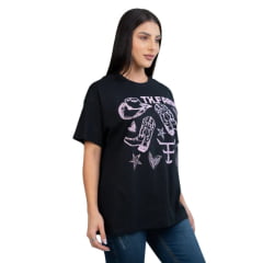 Camiseta Feminina Texas Farm Oversized Western Show Preta Com Estampa Rosa Bebê Ref:CO 0006