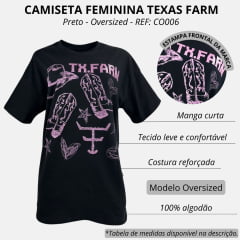 Camiseta Feminina Texas Farm Oversized Western Show Preto Com Estampa Rosa REF:  CO006