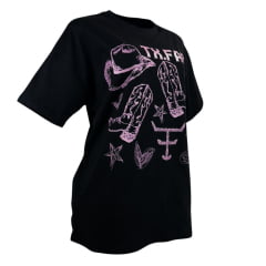 Camiseta Feminina Texas Farm Oversized Western Show Preto Com Estampa Rosa REF:  CO006