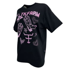 Camiseta Feminina Texas Farm Oversized Western Show Preto Com Estampa Rosa REF:  CO006